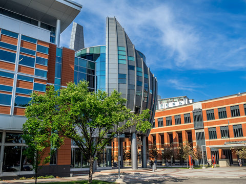 SAIT Polytechnic school buildings on July 2, 2014 in Calgary, Alberta. SAIT is a technology and trade school and this image shows the Aldred Centre.