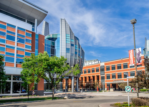 SAIT Polytechnic school buildings on July 2, 2014 in Calgary, Alberta. SAIT is a technology and trade school and this image shows the Aldred Centre.