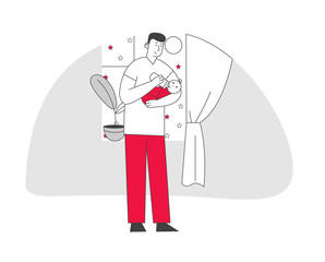 Happy Family Spend Time Together. Dad Feed Son with Bottle, Holding Baby on Hands. Single Father Raising Child. Little Boy Having Breakfast with Daddy, Cartoon Flat Vector Illustration, Line Art