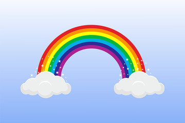 Rainbow in the sky with clouds and stars. Vector illustration.