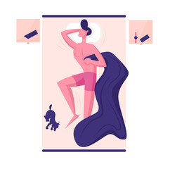 Young Male Character Sleeping on Bed Top View. Naked Man Hugging Blanket, Little Dog Lying beside, Alarm Clock on Nightstand. Human Dreaming Pose Night Rest Recreation Cartoon Flat Vector Illustration