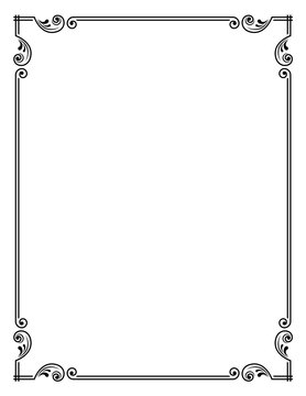 Decorative black rectangular frame. Ornate corners. Letter sizes.