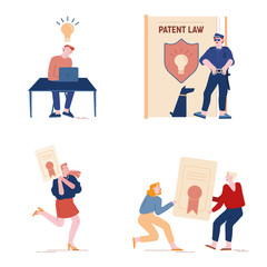 Patent Law Set with People Authors Create Mental Products and Protecting their Rights for Authorship. Safeguard with Dog Stand near Huge Book with Shield and Lamp Icon Cartoon Flat Vector Illustration