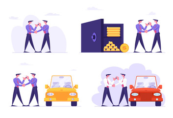 Set of Businesspeople Car Sharing Service, Saving Money in Safe. Character Test Drive or Carpool. Businessman Dealer Give Key to Driver Selling Leasing or Renting Auto Cartoon Flat Vector Illustration