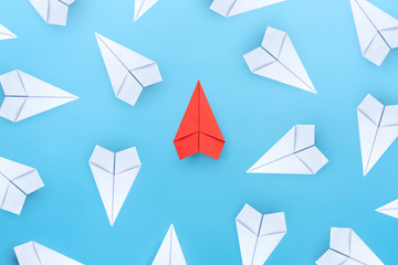 Business for new ideas creativity, innovation and solution concept, red paper plane standing out...