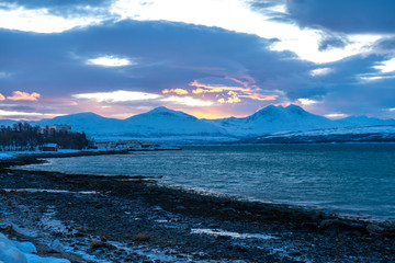 Sunset over Tromso.Norway.Coast of the Norwegian Sea.
