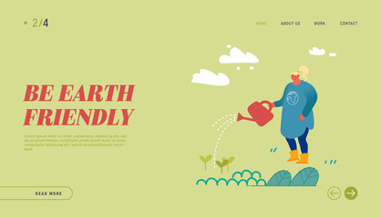 Global Warming, Environment Pollution, Global Heating Impact Website Landing Page. Woman Care of Green Plants Watering from Can on Nature Background. Web Page Banner. Cartoon Flat Vector Illustration