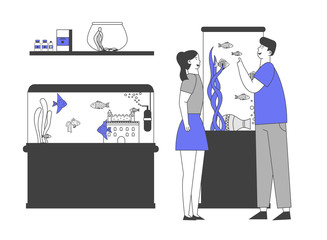 Man and Woman Visiting Pet Shop for Choosing and Buying Aquarium and Fish. Male and Female Characters at Zoo Market Walking among Stands with Tropical Fishes Cartoon Flat Vector Illustration, Line Art