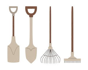 Vector set of colored garden tools. Collection of gardening equipment. Flat spring illustration of spade, shovel, rakes isolated on white background. .