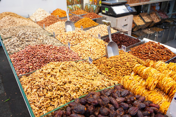 Dried fruits and nuts at Mahane Yehuda Market in Jerusalem, Israel