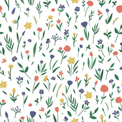 Vector seamless pattern with different flower elements. Garden repeating background with decorative plants. Texture with spring and summer herbs and flowers..