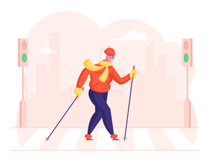 Senior Lady Walking with Scandinavian Sticks Crossing Crossroad at City. Outdoors Fitness Activity, Healthy Lifestyle and Sport Life, Old Woman Morning Sports Exercise Cartoon Flat Vector Illustration