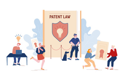 Patent Law Concept. People Authors Create Mental Products and Protecting their Rights for Authorship. Safeguard with Dog Stand near Huge Book with Shield and Lamp Icon Cartoon Flat Vector Illustration