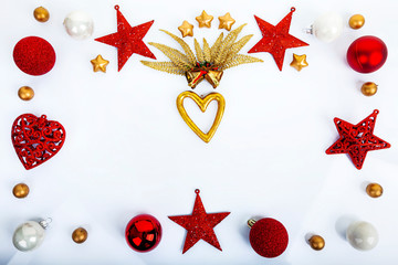 Christmas decorations, balls, stars, bells, gold heart and gold leafs.