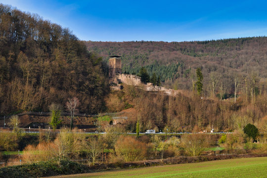 Old German castle ruin called 'Hinterburg' or 'Alt Schadeck', one of the four castles situated in the town of Neckarsteinach in middle of Odenwald hill forest