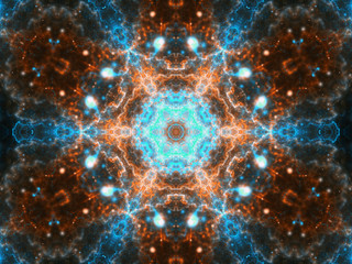 Glossy orange and blue fractal mandala, digital artwork for creative graphic design