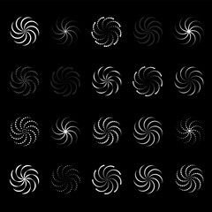 Set of spiral and swirl. Different shapes collection on black background. Vector illustration.