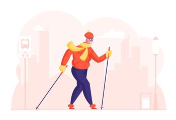 Happy Senior Lady Hiking Training on City Street. Aged Woman Engage Outdoors Sport. Elderly Lady Nordic Walk Open Air Workout with Sticks. Pensioner Healthy Lifestyle Cartoon Flat Vector Illustration