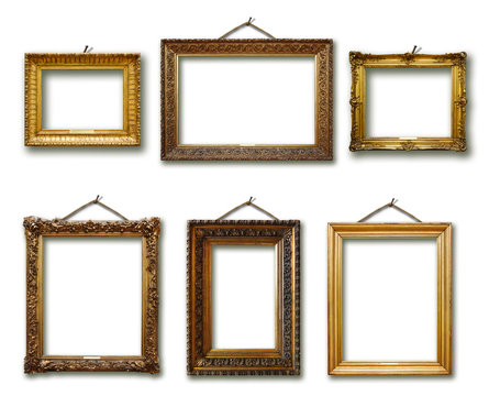 Set of picture gold wooden frame on isolated background