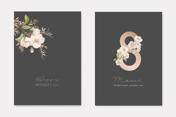 Romantic Trendy Greeting Cards Set for Happy Woman's Day 8 March Holiday. White Cherry Sakura Flowers with Leaves on Dark Background with Eight Number Nature Art Flyer Cartoon Flat Vector Illustration