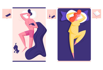 Young Male and Female Character Sleeping on Separated Beds. Naked Man Hugging Blanket, Little Dog Lying beside, Woman Wearing Pajama Sleep with Hands under Head, Cartoon Flat Vector Illustration
