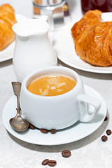 breakfast with espresso and croissants, vertical top view