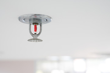 Fire fighting equipment, sprinkler on white ceiling background.Automatic head fire sprinkler extinguisher selected focus on sprinkler.Fire fighter safety concept.