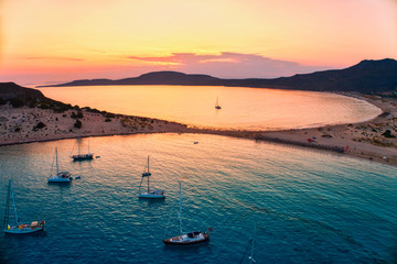 Aerial view of Simos beach at sunset in Elafonisos island in Greece