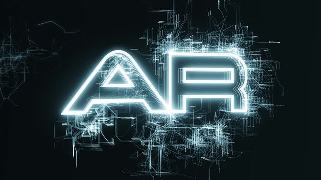 Animation of AR, augmented reality, text with circuit board-like lightning animated and the camera arcing from left to right.