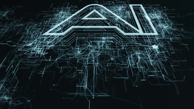 Animation of AI, artificial intelligence, text with circuit board-like lightning animated and the camera below moving and looking up at the text.