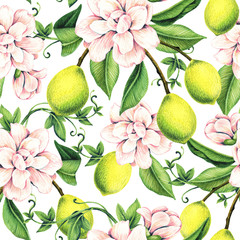Seamless pattern with flowers and lemons. Watercolor illustration. Design for wallpaper, fabric, wrapping paper.