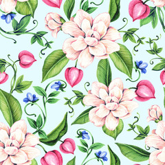 Seamless pattern with flowers. Watercolor illustration. Design for wallpaper, fabric, wrapping paper.