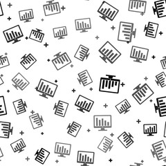 Fototapeta premium Black Computer screen with financial charts and graphs icon isolated seamless pattern on white background. Chart bars and financial analytics. Vector Illustration