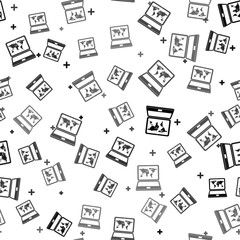 Fototapeta premium Black Laptop with world map on screen icon isolated seamless pattern on white background. World map geography symbol. Vector Illustration