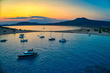 Fototapeta na wymiar Aerial view of Simos beach at sunset in Elafonisos island in Greece