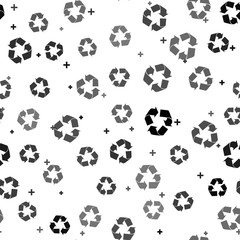 Black Recycle symbol icon isolated seamless pattern on white background. Circular arrow icon. Environment recyclable go green. Vector Illustration