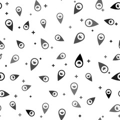 Black Map pointer with hot coffee cup icon isolated seamless pattern on white background. Vector Illustration