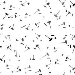 Black Judge gavel icon isolated seamless pattern on white background. Gavel for adjudication of sentences and bills, court, justice, with a stand. Auction hammer symbol. Vector Illustration