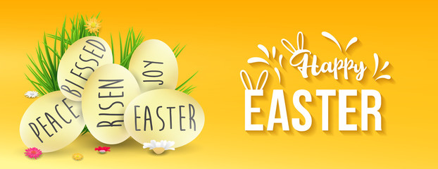 Happy easter image vector. Modern happy Easter background with colorful eggs, bunny, rubbit, and spring flower. Template Easter greeting card, vector.