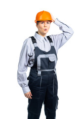 A female construction engineer is holding on to his head, something didn’t happen. Isolated