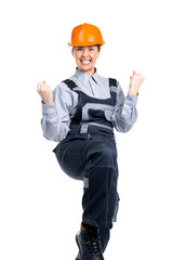 Female engineer builder rejoices in his success. Isolated