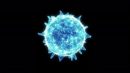 Close up influenza virus rotate on isolated black background. Blue abstract plexus wireframe Coronavirus. Science and medical. Micro nucleus of Corona virus cell in human body. 4K footage video motion