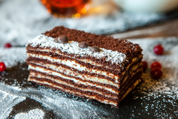 Vegan, raw carrot cake. Healthy food. Grey stone background Top View Copy space. Selective focus. Slice of cake. Healthy Homemade