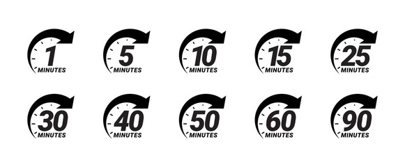 Minute timer icons set. one minute, five, ten, fifteen or more minutes. The arrow shows the limited cooking time or deadline. Vector illustration - obrazy, fototapety, plakaty