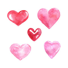 Watercolor hearts set. Hand painted pink and red hearts illustration, isolated on white background. For Valentines day cards.