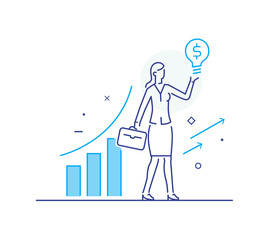 businesswoman climbs the career ladder. achievements. execution schedule. Success, growth rates. Line icon illustration