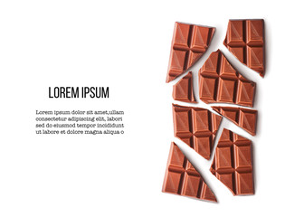 Milk chocolate isolated on white background. Design mockup with space for text. High resolution image