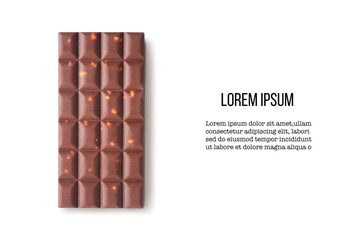 Millk chocolate with hazelnuts isolated on white background. Design mockup with space for text. High resolution image