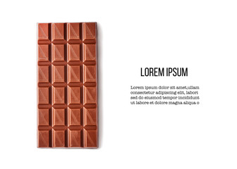 Milk chocolate isolated on white background. Design mockup with space for text. High resolution image