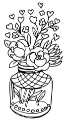 Valentines day bouquet. Coloring pages. Hearts, flowers. Gift card. Vector  illustration for your design. Handdraw sketch. EPS 8.